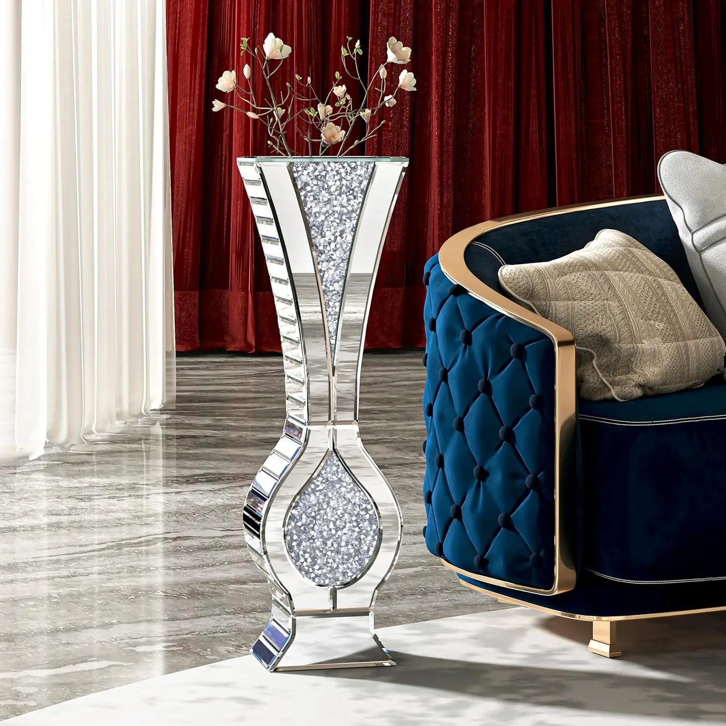 27" Tall Floor Crystal Vase Crushed Diamond Floor Silver for Decor in all rooms