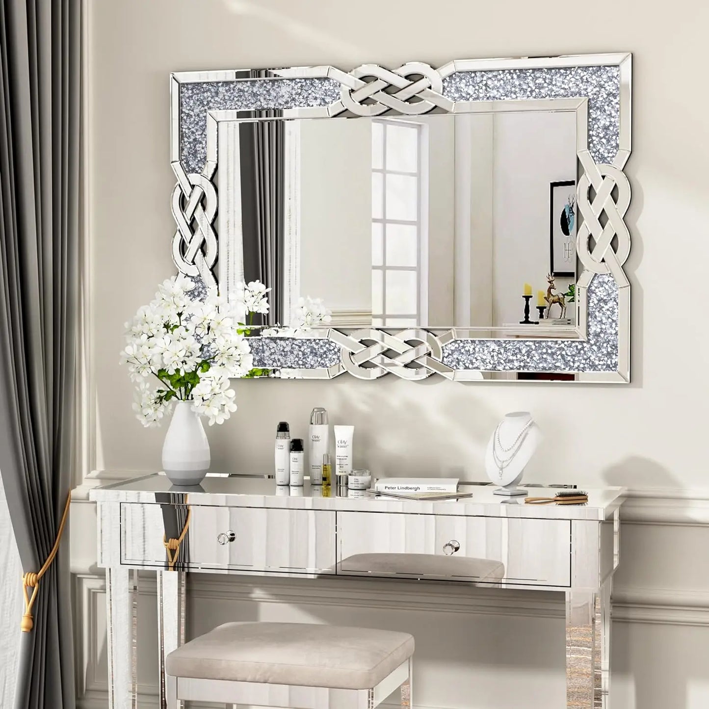 Large Crystal Crush Diamond Mirror Silver Decorative Wall Hang Mirror Beautiful for any Room