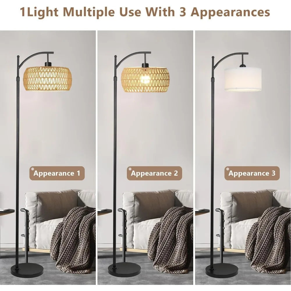 Lamp Remote Control, Dimmable LED Floor Wicker Shade Black Standing, 3 Color Temperature