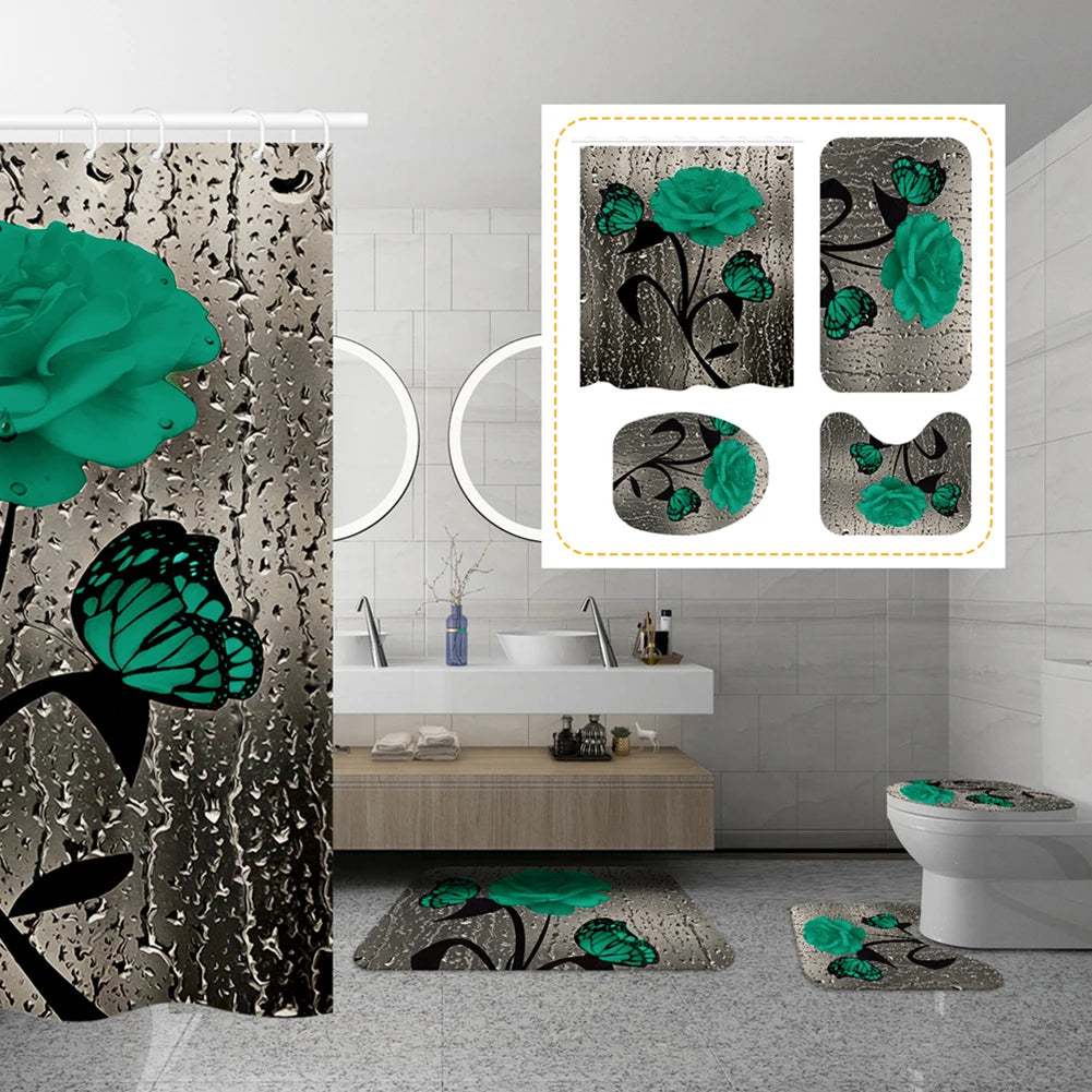 4PCS Flower Shower Curtain Set with Non-Slip Rugs, Toilet Lid Cover and Bath Mat Waterproof Bathroom Decor