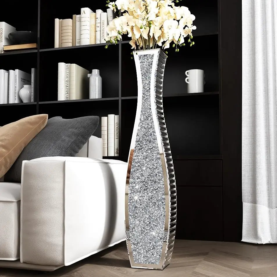 Mirrored Vase, Crushed Diamond Floor, Silver Vases Decor Living