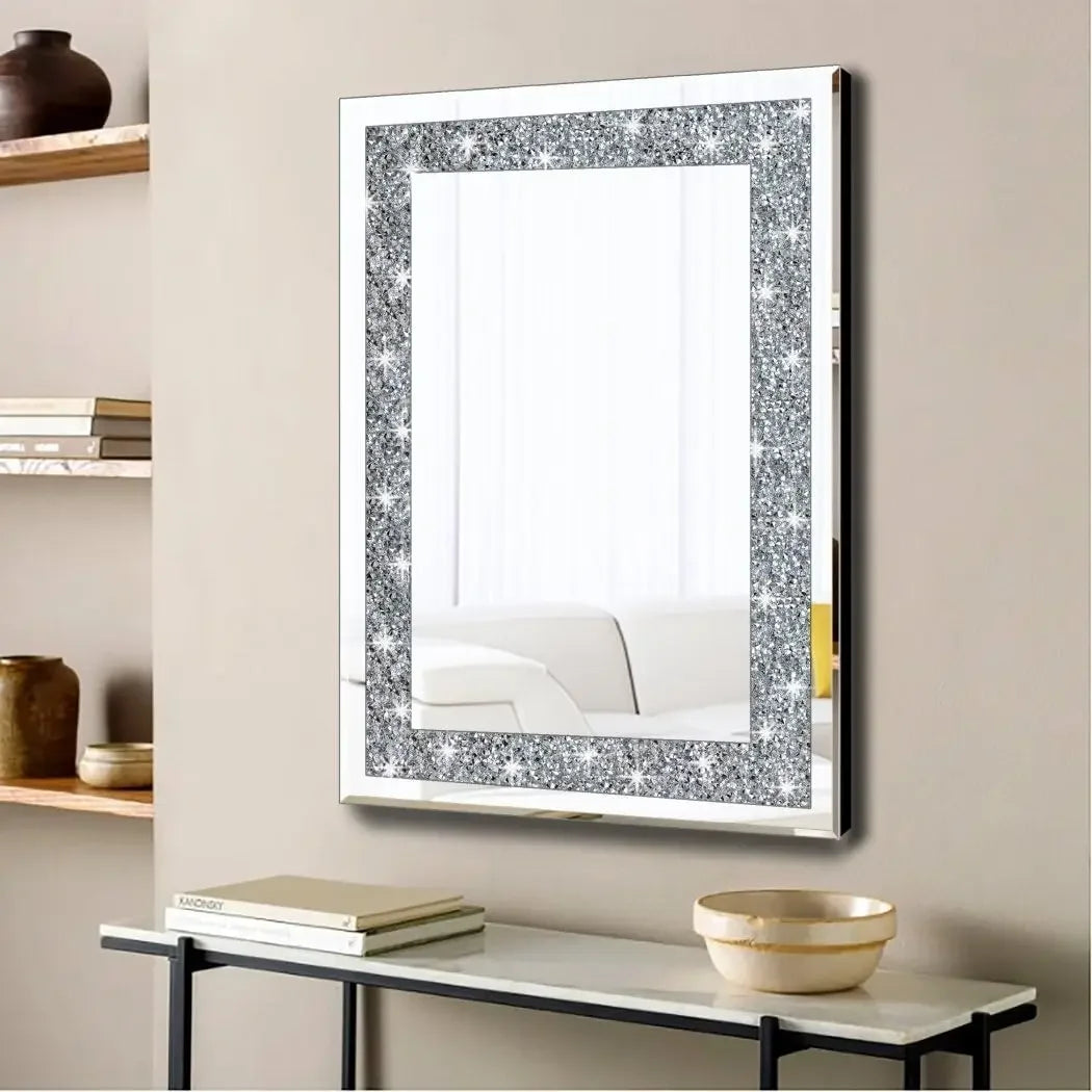 Crystal Diamond Rectangle Wall Decor Frameless Mirror Silver Acrylic Decor Sparkle Twinkle Bling