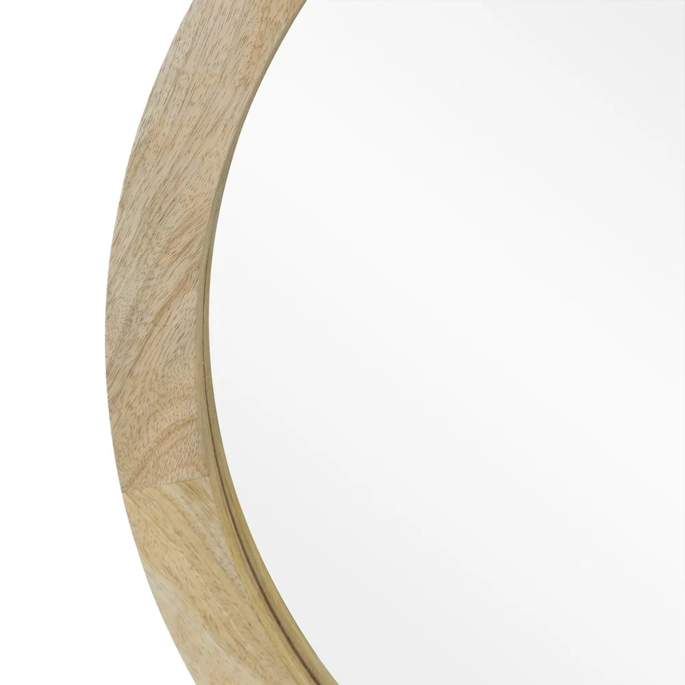 Round Mirror Mango Wood Frame Handcrafted Wall Accent Reflective Surface No Assembly