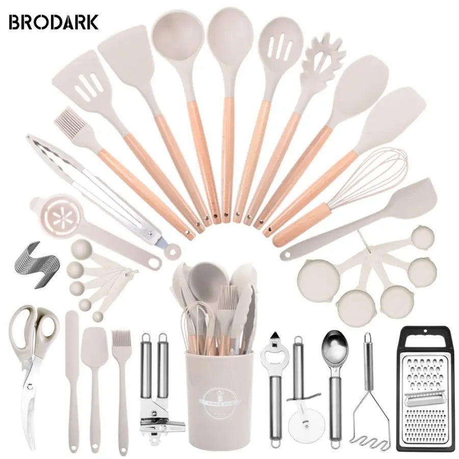 44pcs Premium Silicone Utensil Wooden Handles and Knife - Heat-Resistant, Non-Stick