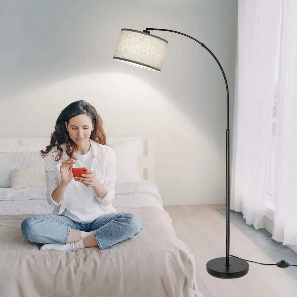 Floor Lamp, Modern Standing with Adjustable Drum Shade, Arched Floor with Foot Switch on Sofa