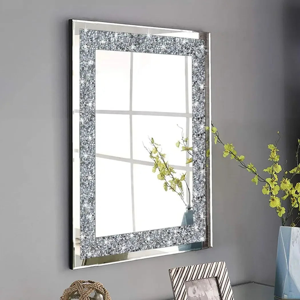 Crystal Diamond Rectangle Wall Decor Frameless Mirror Silver Acrylic Decor Sparkle Twinkle Bling