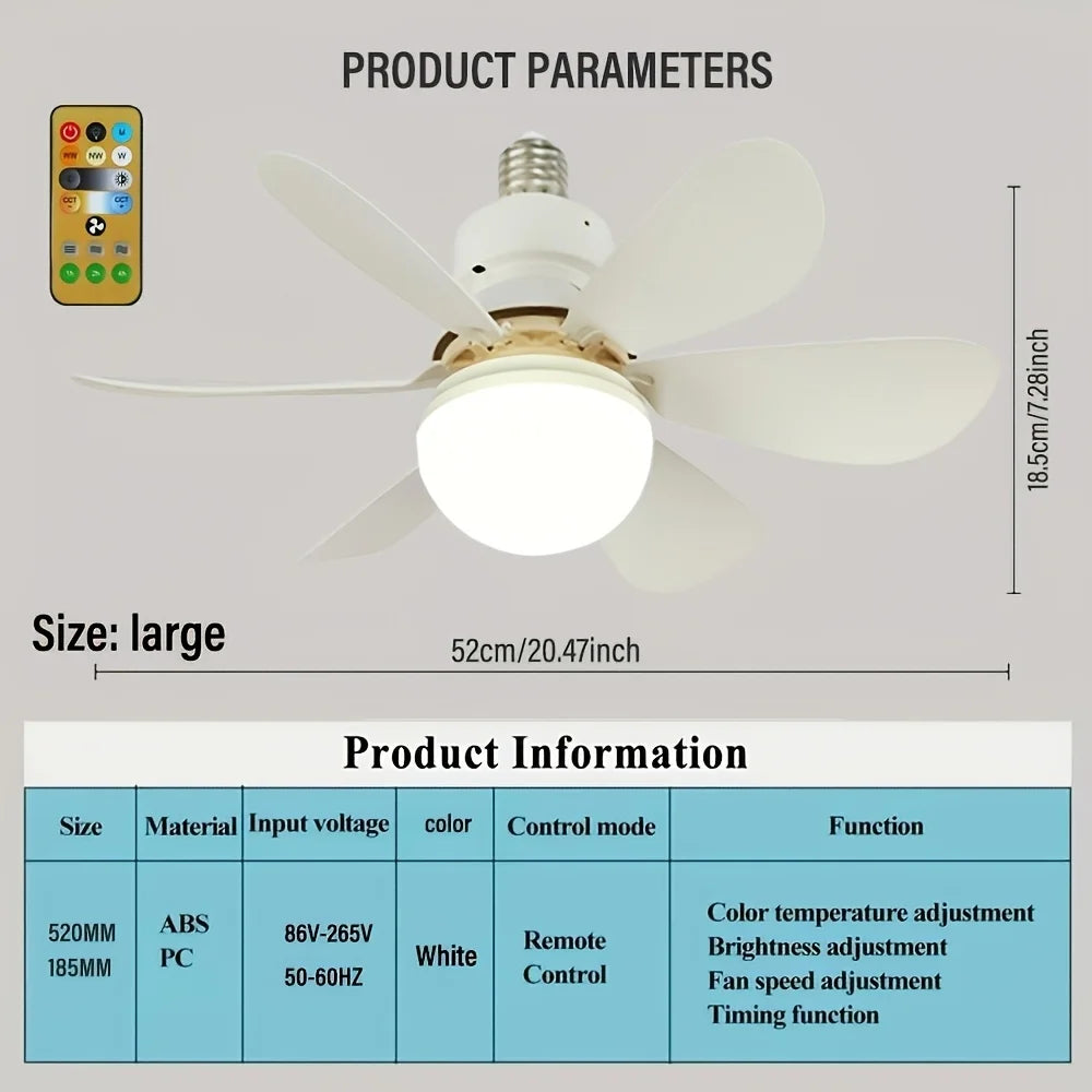 LED Ceiling Fan Light, E26/E27 Base with Remote Control, Timer, 6 Blades, 3 Speeds, Adjustable Brightness and Color Temperature