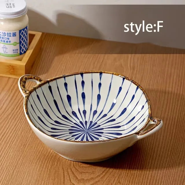 YWDL 700ml Ceramic Salad Bowl With Handle Kitchen Soup, noodles, and fruit Japanese Tableware Microwave Pan