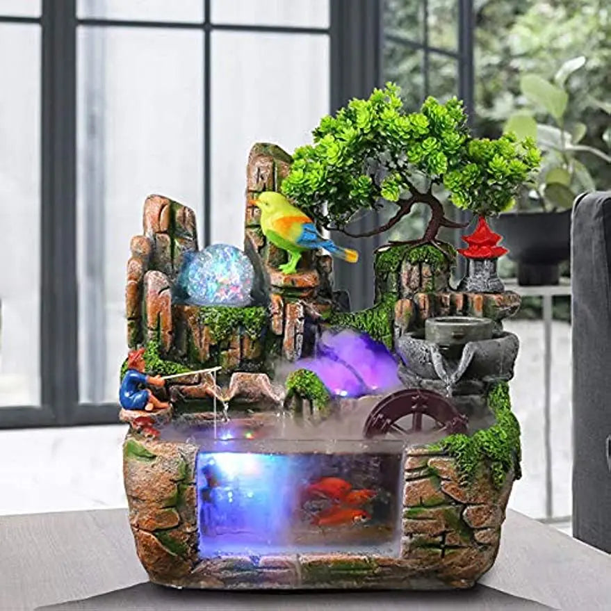 Fountain Waterfall with Rockery Indoor Relaxation with Light Bird & Fisherman for Home