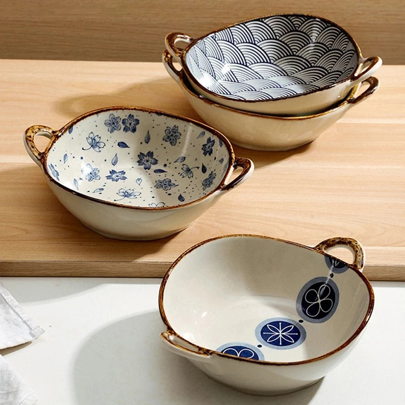 YWDL 700ml Ceramic Salad Bowl With Handle Kitchen Soup, noodles, and fruit Japanese Tableware Microwave Pan