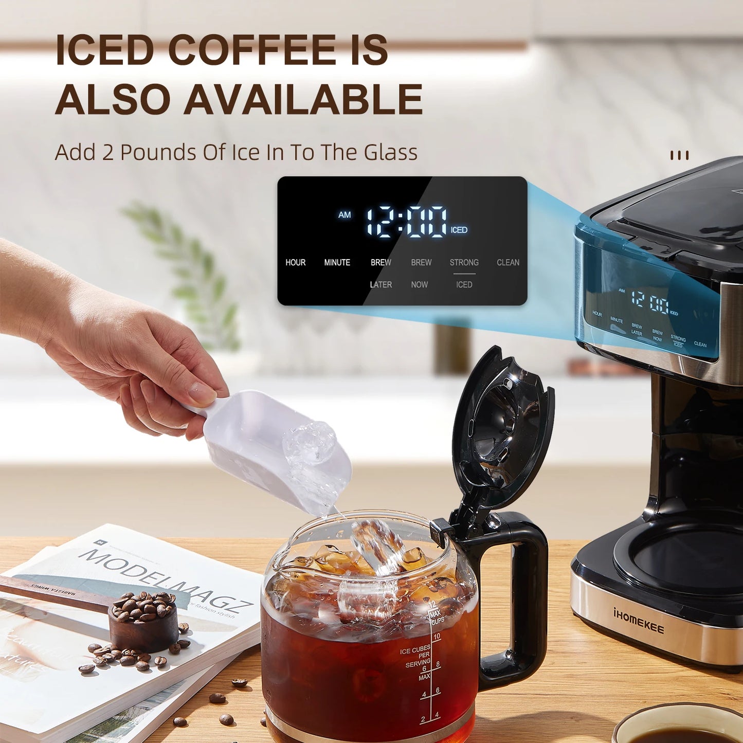 Programmable Drip Coffee Maker 12 Cup, with Iced Coffee Function, Touch Screen, Regular & Strong Brew