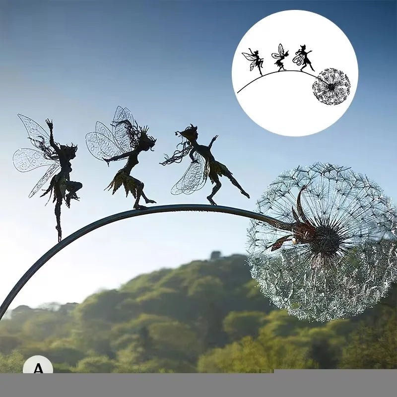 Dancing Fairy Statue Steel Wires Elf Dandelion Sculpture Mythical Garden Figurine Yard Decor