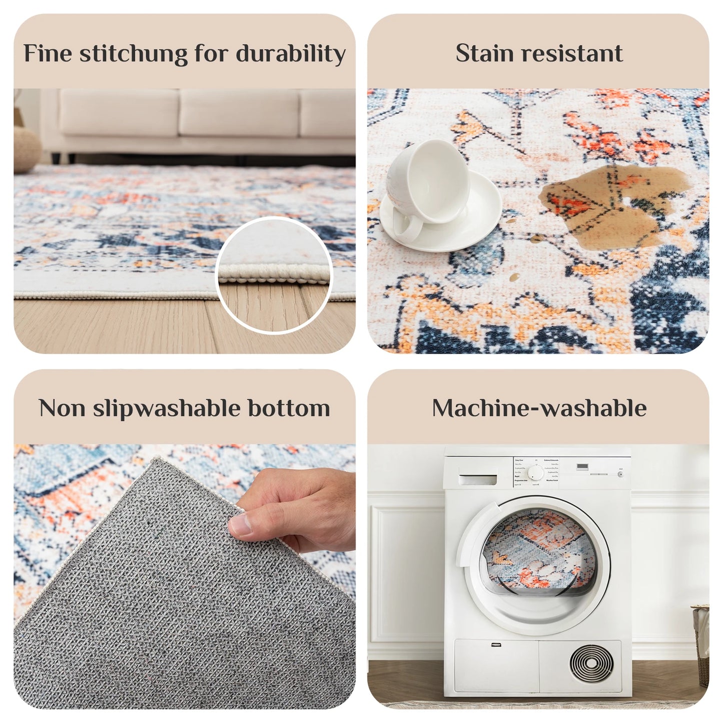 vintage boho design, washable rugs non-slip rugs for living room bedroom traditional woven rugs stain resistant