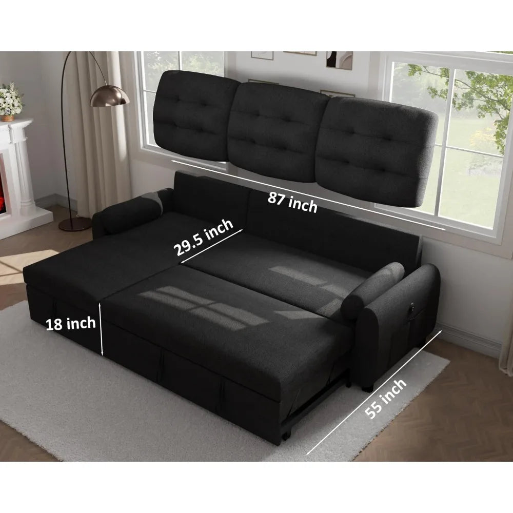 Sectional Sofa Couch Sleeper Sofa Bed with Reversible Storage Chaise Pull Out Couch with side Pocket