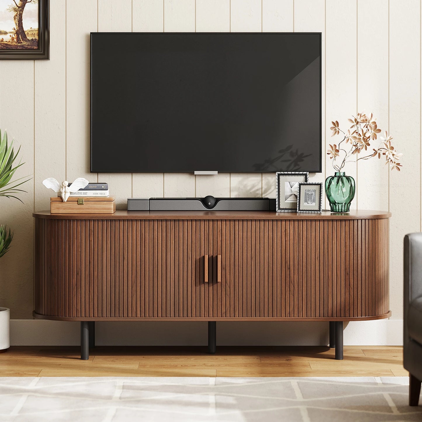 TV Stand Living Room Furniture with Power Outlet for TVs up to 60/70" Table with Sliding Doors Storage Adjustable Shelves