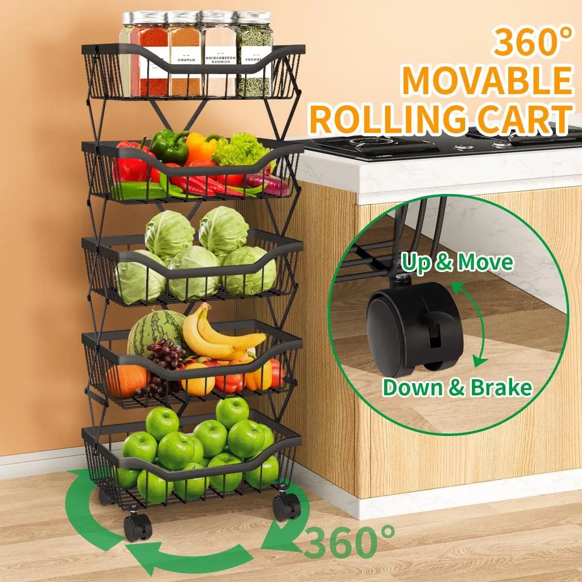 Vegetable Storage Basket 5 Tiers Stackable Metal Wire Fruit Basket Kitchen Cart with Wheels