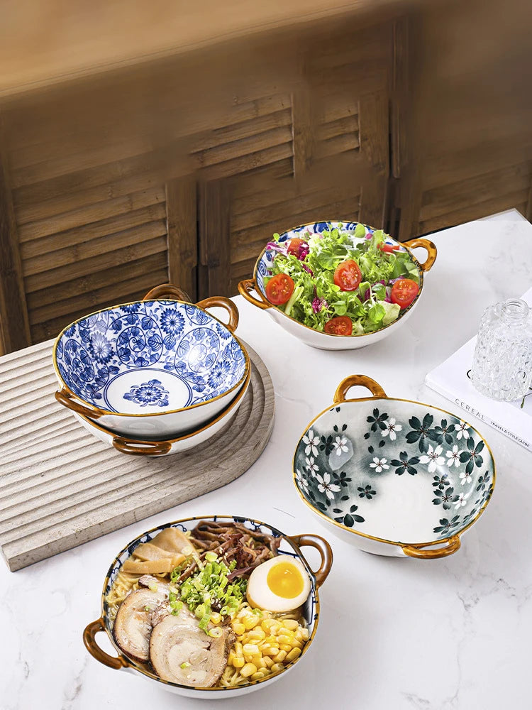 7.5inch Ceramic Ramen Bowl With Handle Japanese Style Flower Heat-resistant Soup Bowl Microwave Safe