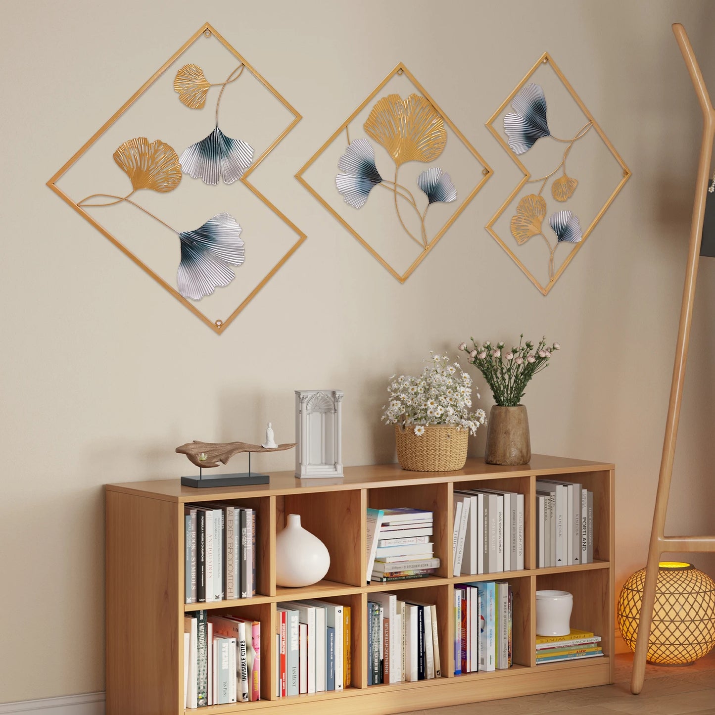 3PCS Metal Wall Art Hanging Sculpture Decor 3D Ginkgo Gold & Blue