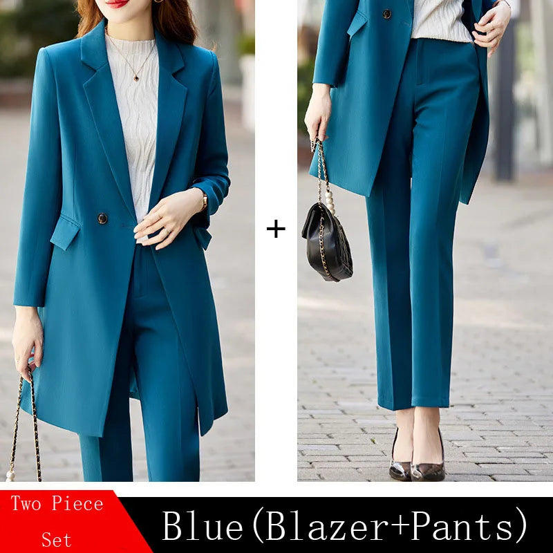 High End Office Professional Women's Blazer Pants 2-Piece Set Fashion Long Female Jacket Over Business Suit With Trousers