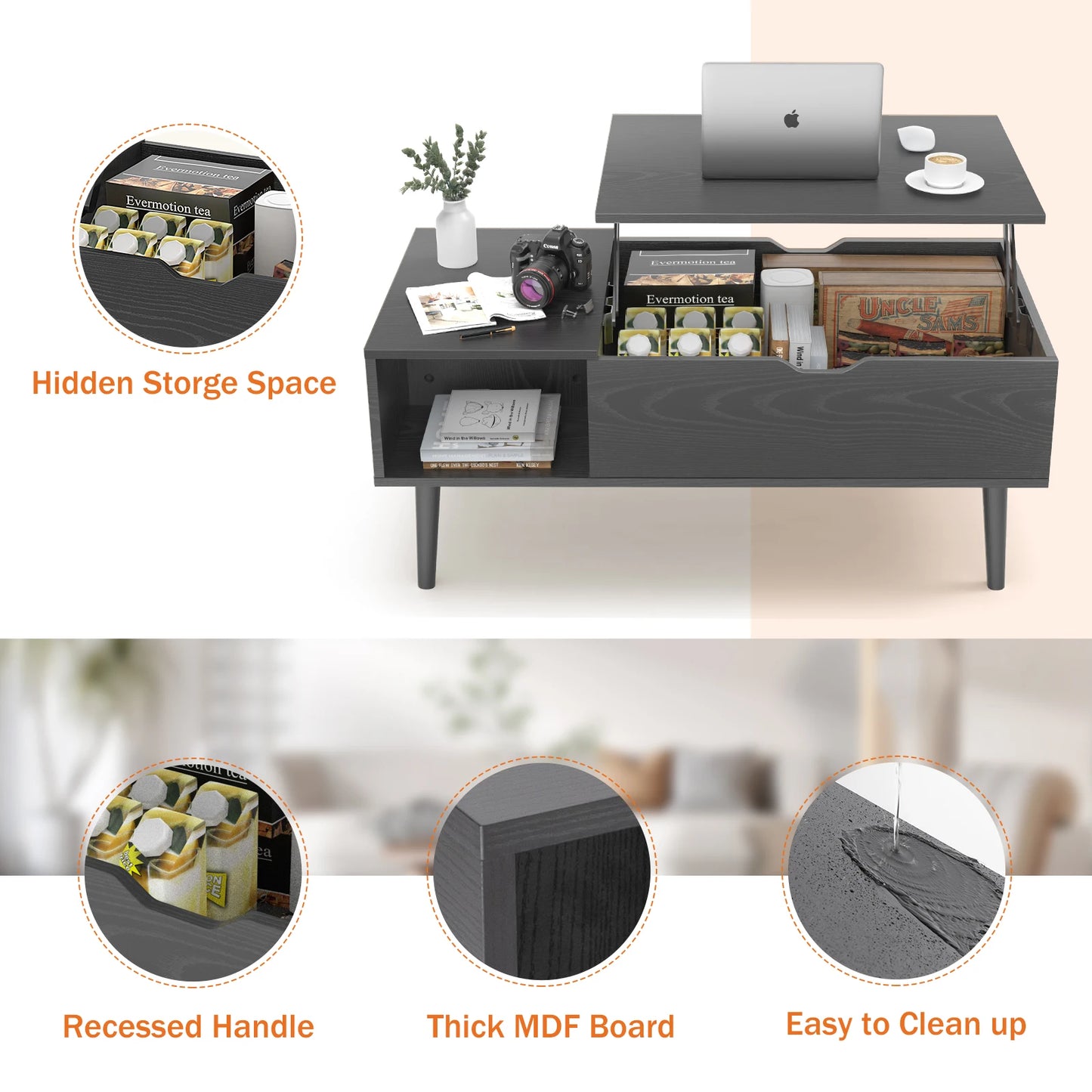Coffee Table Tea Wood Dining Tables Adjustable Storage Shelf Easy Lift Or Lower