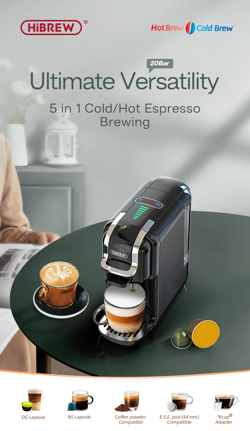 5 in 1 Multiple Capsule Coffee Machine DG Cappuccino Small Capsule ESE Pod Ground Coffee Cafeteria