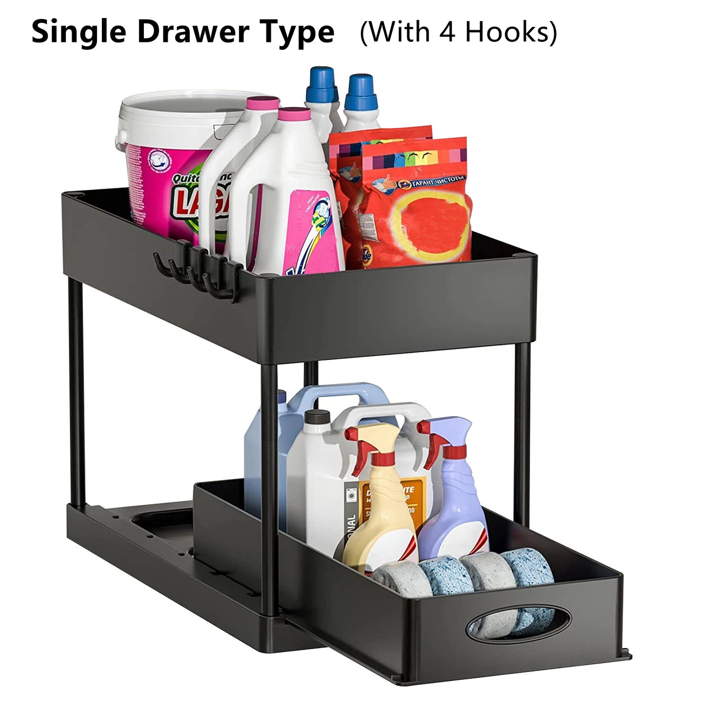 2 Tier Under Sink Organizer Sliding Cabinet Basket Storage Rack with Hooks Hanging Cup