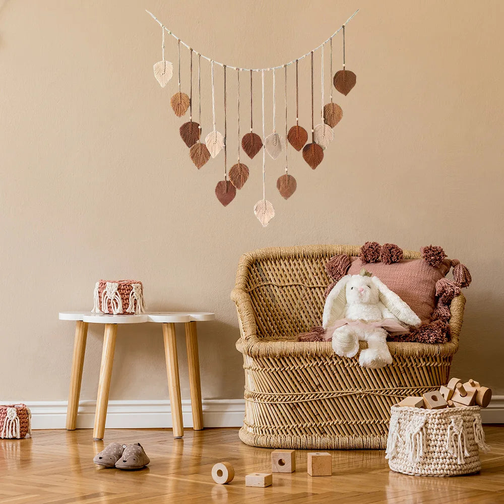 Macrame Tapestry Leaf Hanging Decor for Living Room Bedroom, Boho Wall Art