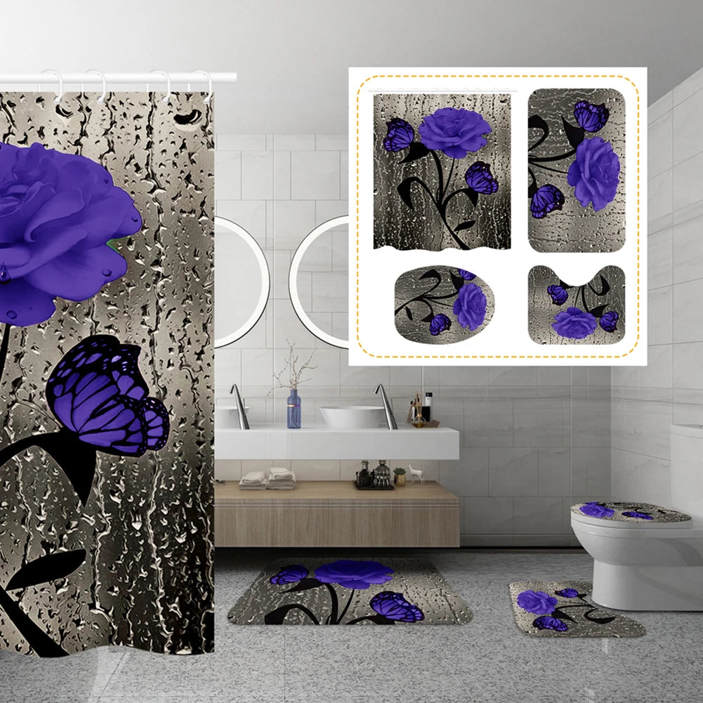 4PCS Flower Shower Curtain Set with Non-Slip Rugs, Toilet Lid Cover and Bath Mat Waterproof Bathroom Decor