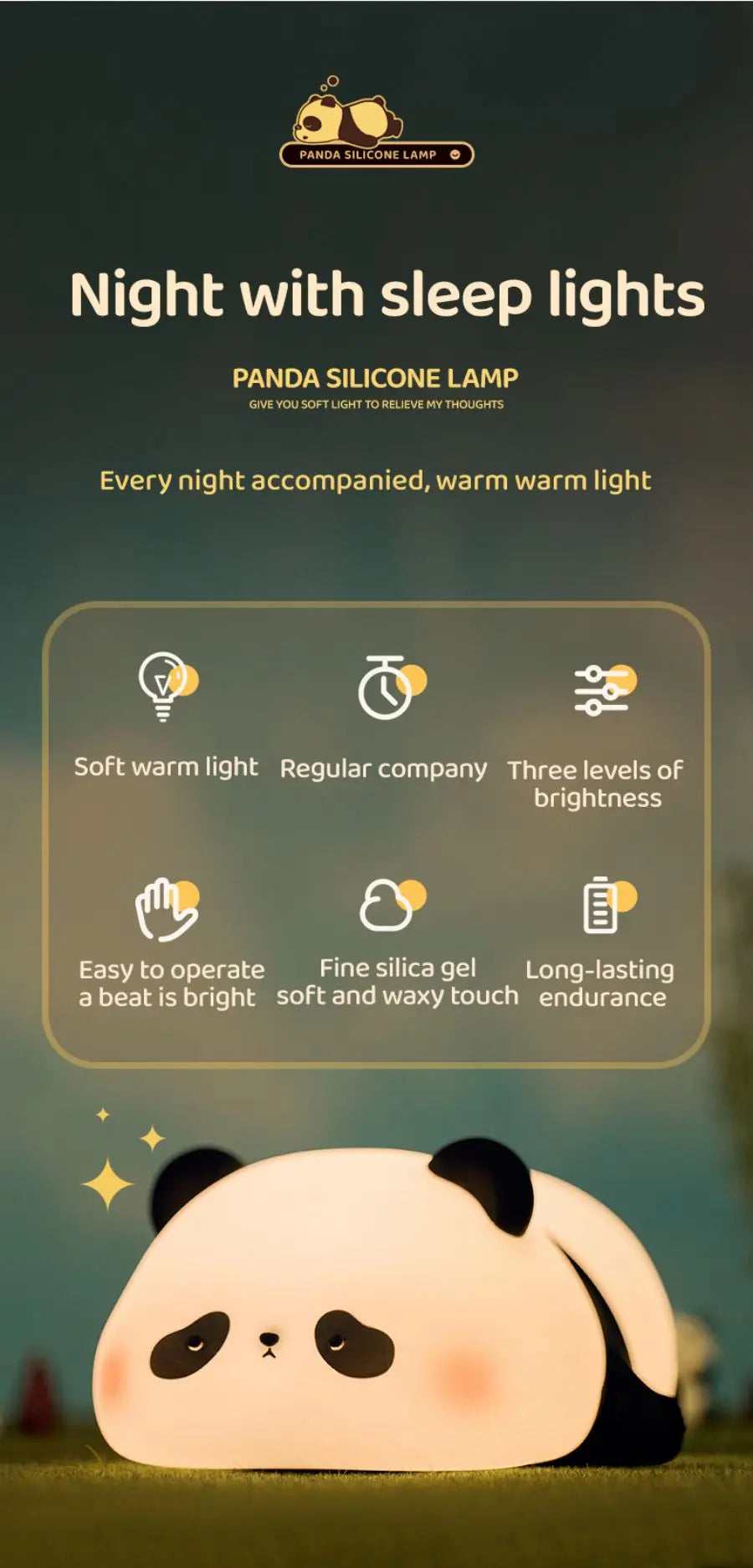 LED Night Light Cute Panda Silicone USB Rechargeable Timing Bedside Decor Kids Baby nightlight