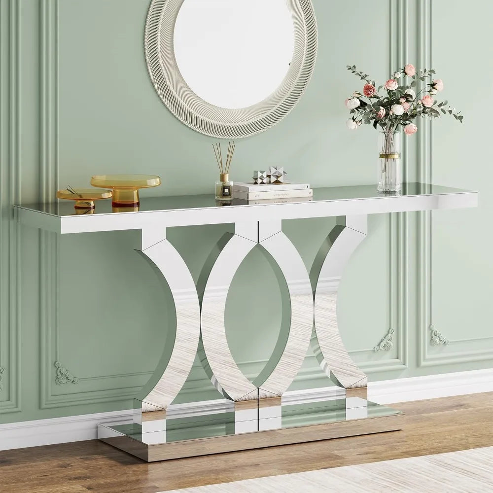 Mirrored Table, with Geometric Base, Modern Sofa Table for Living Room