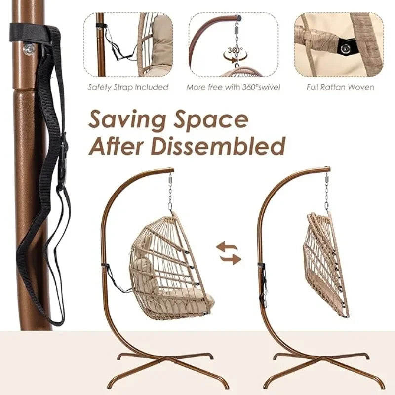 Hanging Chair with Stand Outdoor Swing Water Resistant Cushions Rattan Wicker Chair Foldable Basket