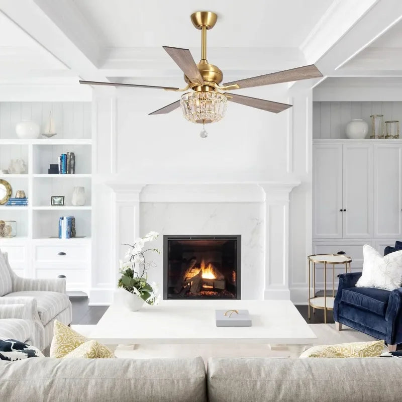 Ceiling Fan with Lights and Remote 52 Inch Gold Ceiling Fan with Light Crystal Chandelier