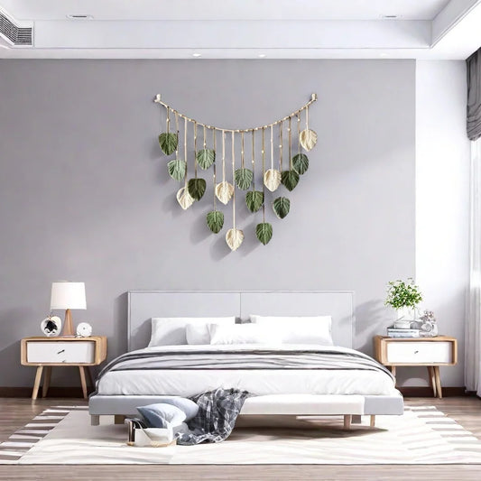 Macrame Tapestry Leaf Hanging Decor for Living Room Bedroom, Boho Wall Art