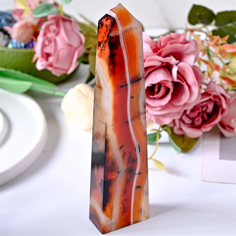 Stunning red and black agate crystal square column, crystal collection decor stone tower