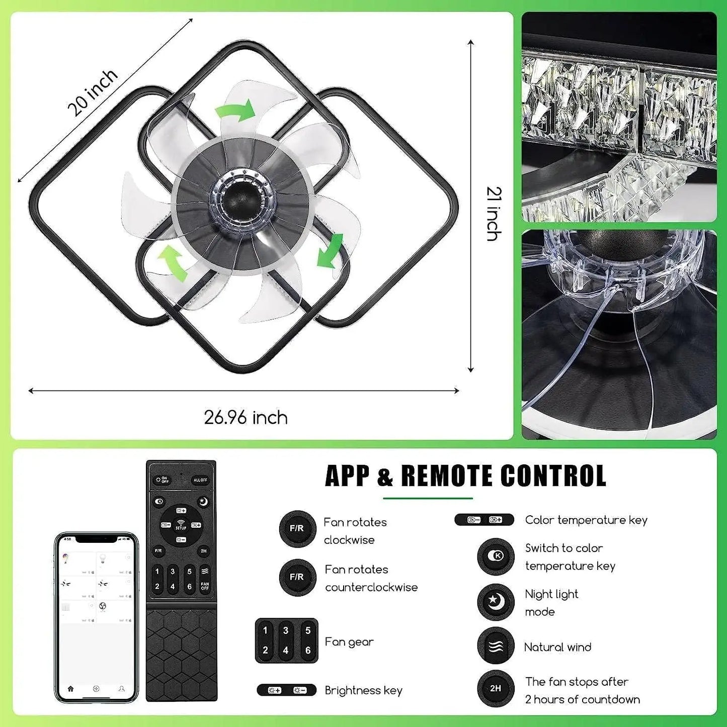 27" Ceiling Fans with Lights Remote Dimmable LED Lights 6 Speed Adjustable Fan