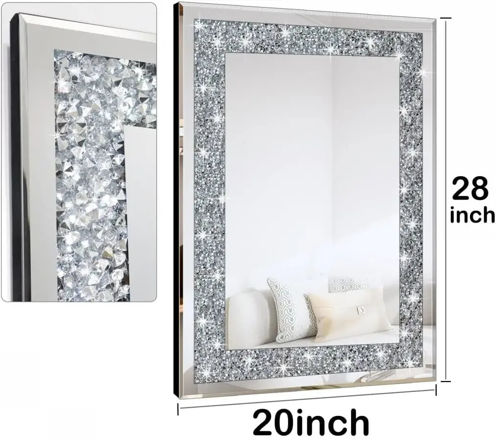 Crystal Diamond Rectangle Wall Decor Frameless Mirror Silver Acrylic Decor Sparkle Twinkle Bling