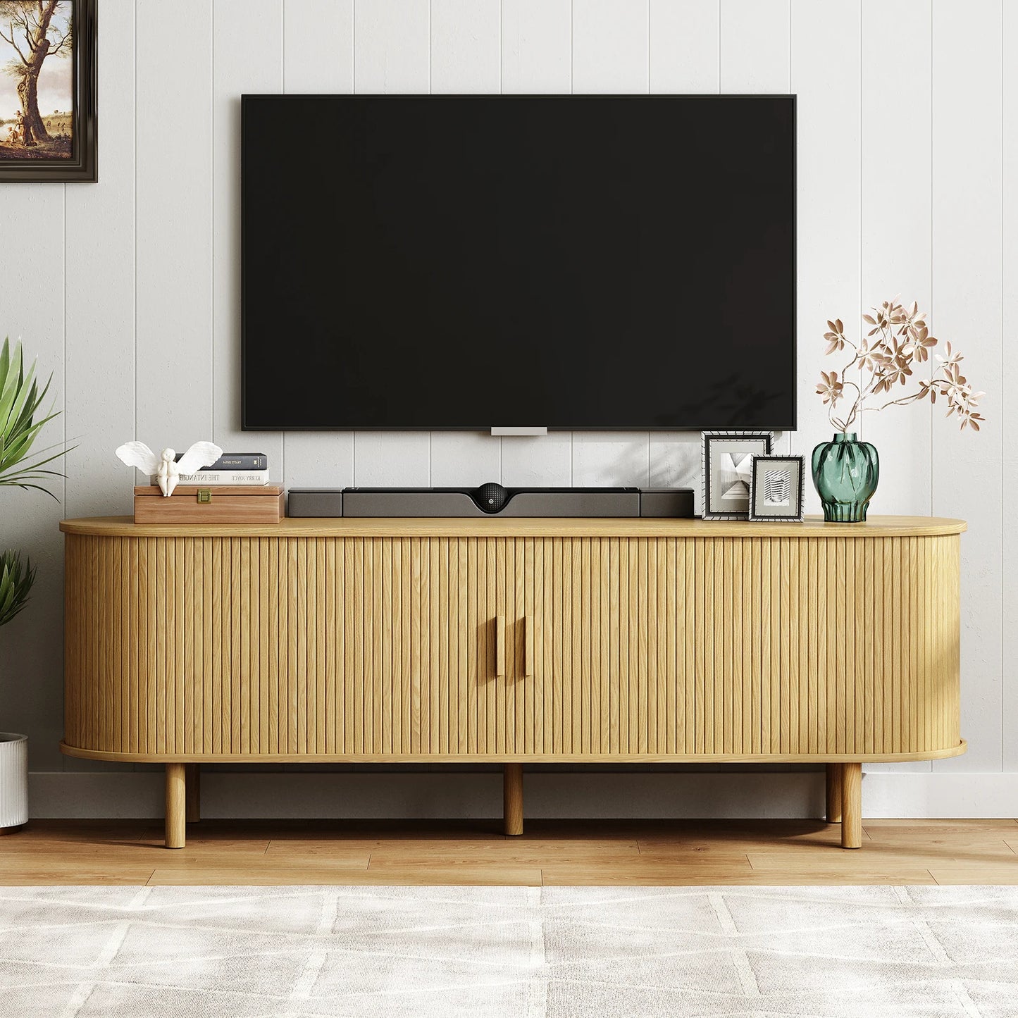 TV Stand Living Room Furniture with Power Outlet for TVs up to 60/70" Table with Sliding Doors Storage Adjustable Shelves