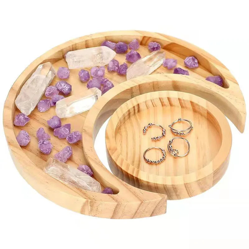 Wooden Crystal Holder Moon Tray with Round Dish Stones Crystals Jewelry Rings Organizer
