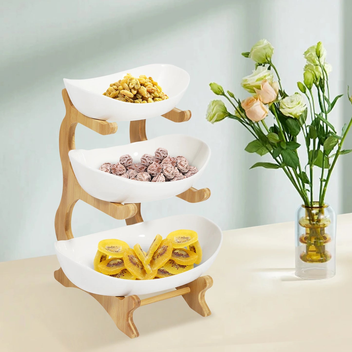 Fruit Bowl, 3 Tier Ceramic Fruit Basket, 3 Tier Serving Stand Serving Bowl with Bamboo Wooden Frame, Porcelain Kitchen Bowls