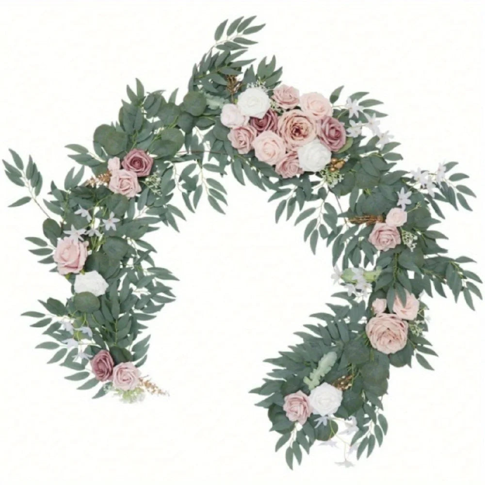 Eucalyptus Willow Leaf Garland with Flower, Handcrafted Sweetheart Arch Backdrop Decorations
