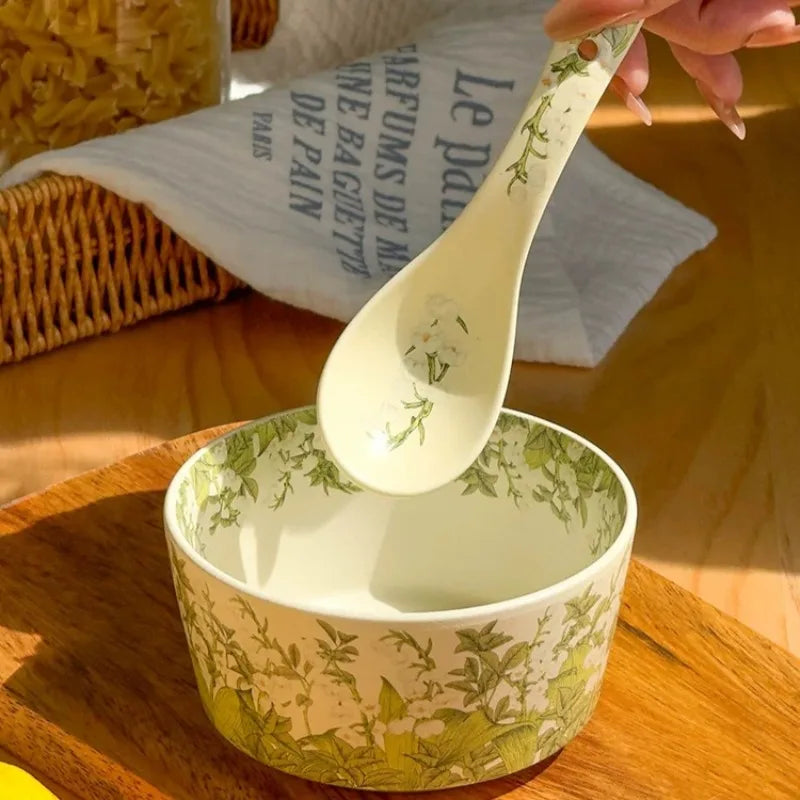 Deluxe Ceramic Bowl Spoon Set Bell Orchid Oil Painting Style Ceramic Tableware Retro Bowl