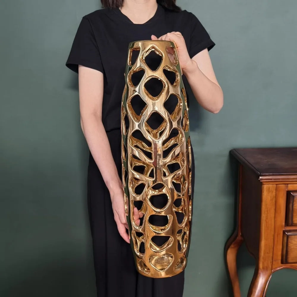 Handmade carved ceramic floor vase, exquisite for decorating tree branches and drying flowers