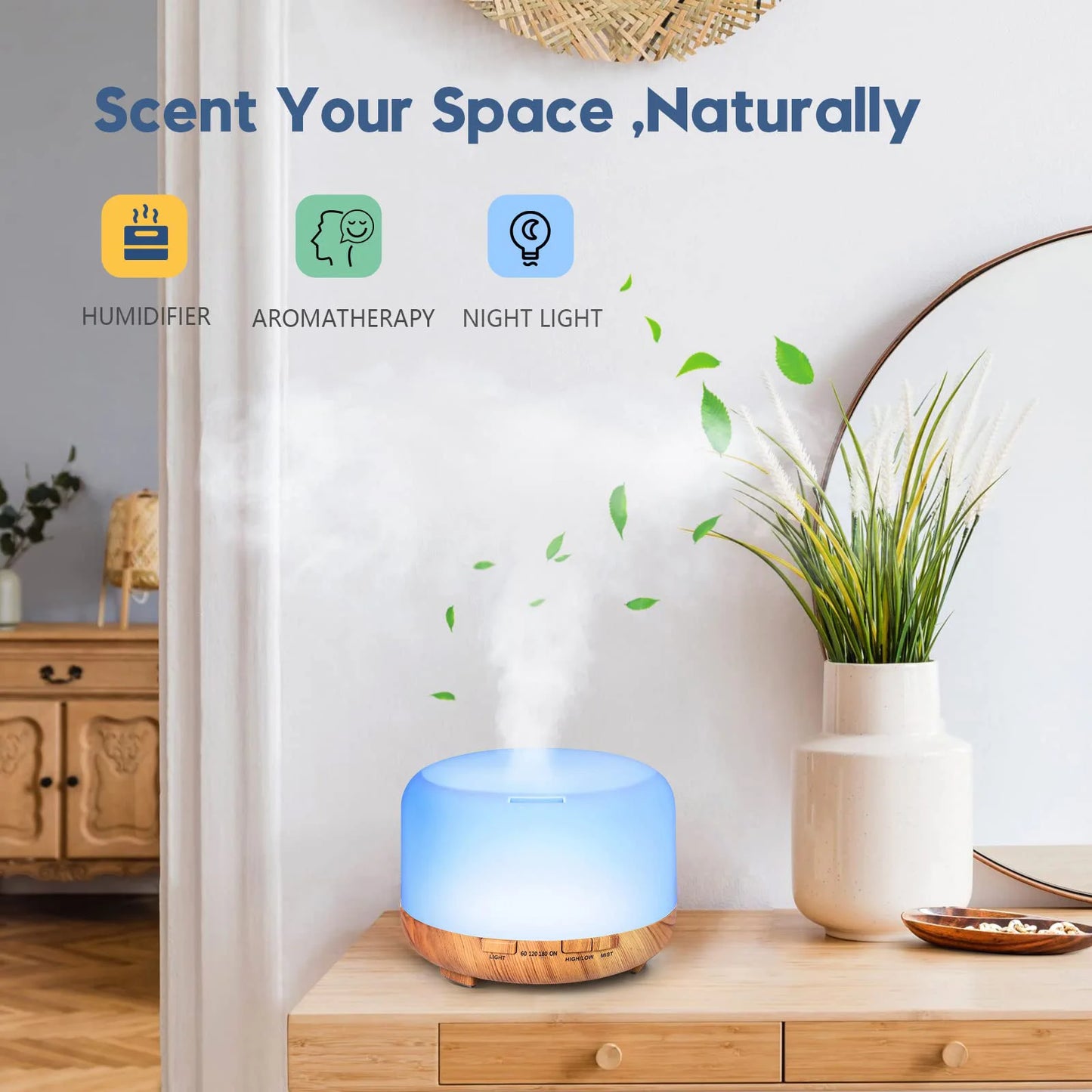 Aroma Diffuser (Oils Optional), Essential Oil Aromatherapy Diffuser Humidifier with Color Remote Control