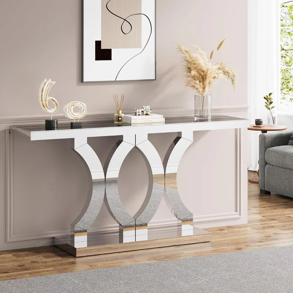 Mirrored Table, with Geometric Base, Modern Sofa Table for Living Room