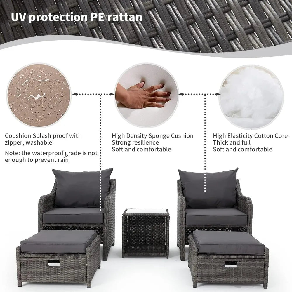 5 Piece Balcony Furniture PE Wicker Rattan Set 2 w/Ottoman cushions Table Patio Chair