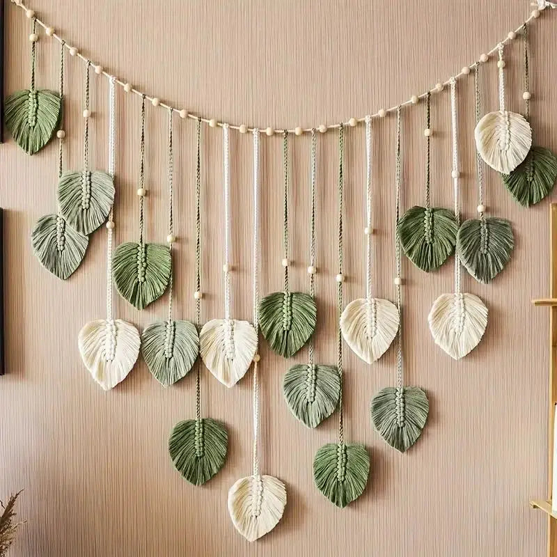 Macrame Tapestry Leaf Hanging Decor for Living Room Bedroom, Boho Wall Art