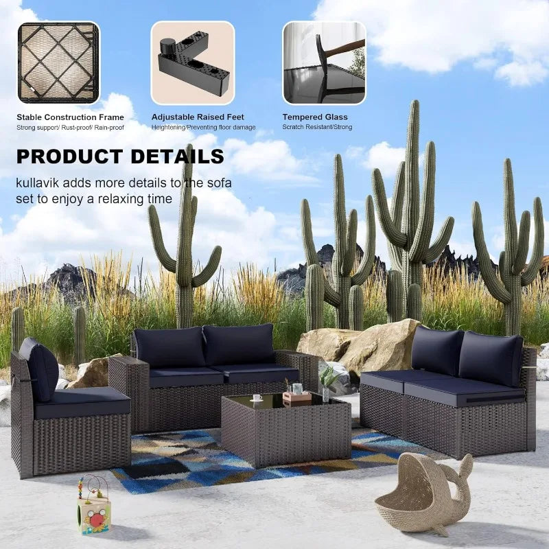 6PCS Outdoor Patio Furniture Set PE Wicker Rattan Sectional Sofa Patio Navy Blue