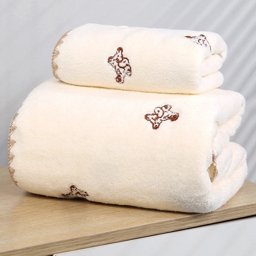 Soft Coral Towels Set Peach Bear Cherry Embroidered Face Bath Towel Super Absorbent