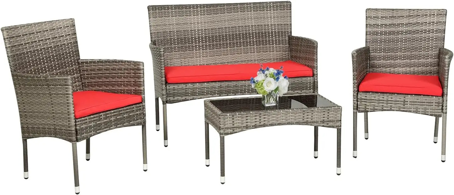 4 Pieces Patio Rattan Outside Furniture Wicker Sofa Garden Sets with Soft Cushion and Glass Table