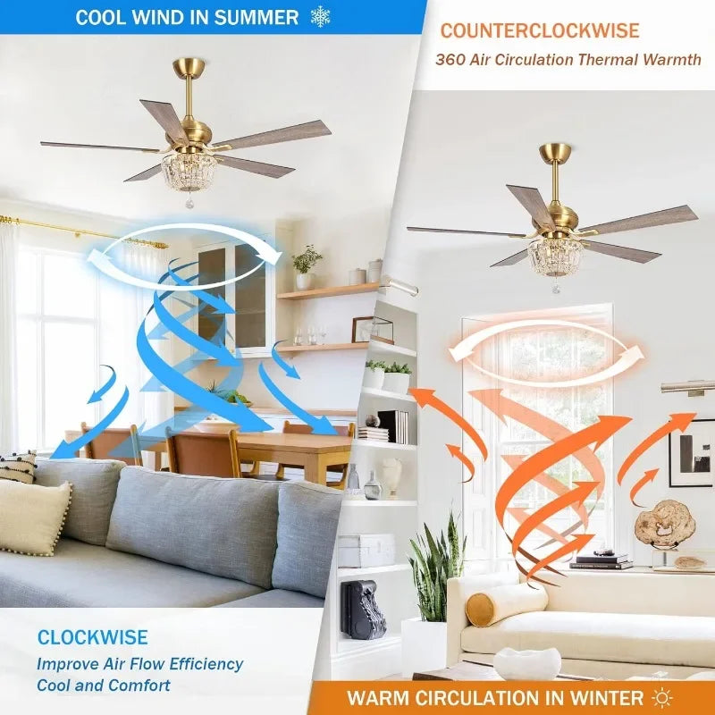 Ceiling Fan with Lights and Remote 52 Inch Gold Ceiling Fan with Light Crystal Chandelier